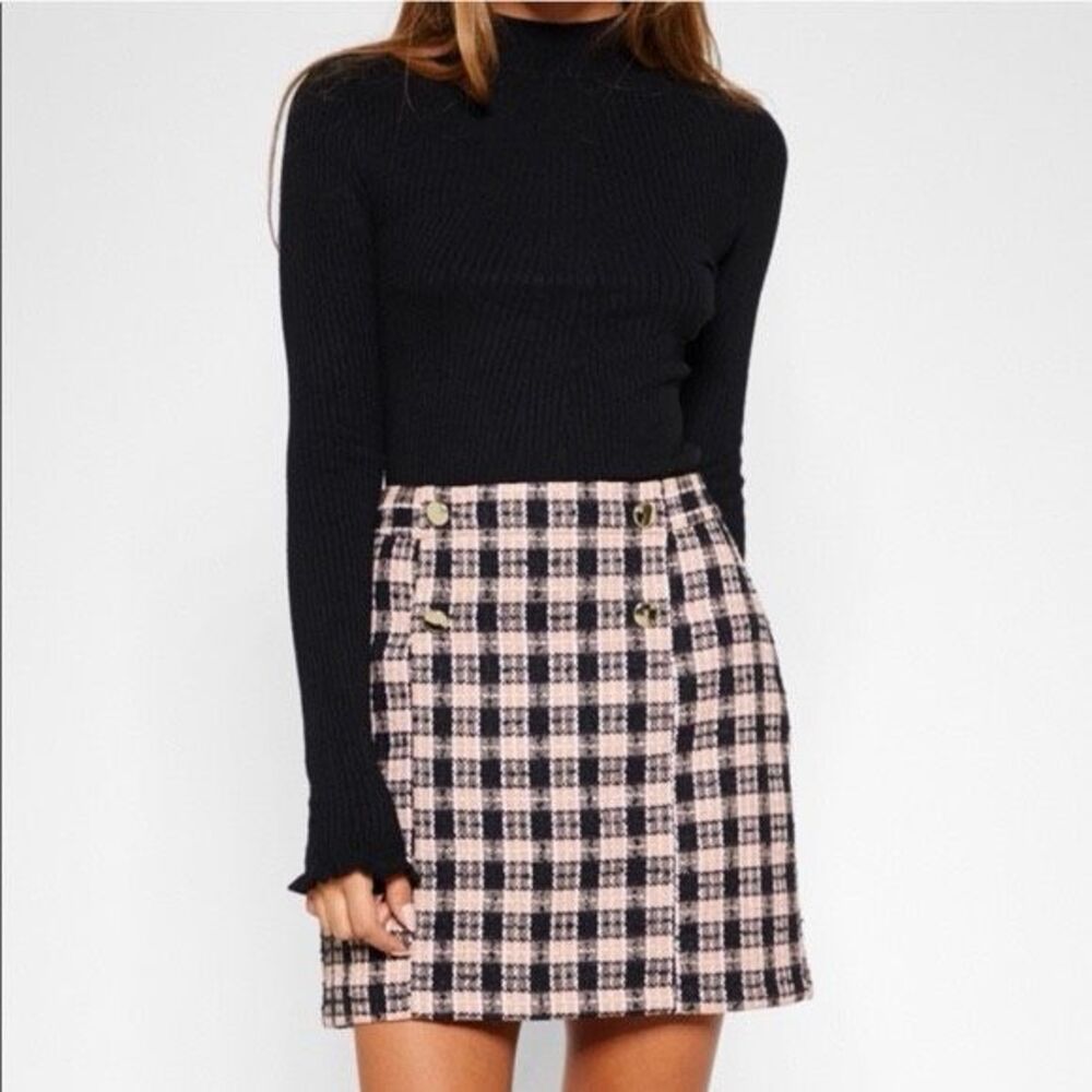 NWT Topshop Pink & Black Plaid Tweed Mini Skirt